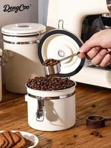 Dengcoo 1pc 1.2L/1.5L/1.8L Coffee Canister, Airtight Stainless Steel Food Storage Container For Coffee Beans, Tea, Sugar, Flour, Grains With Date Tracker And Scoop - Black - View 2