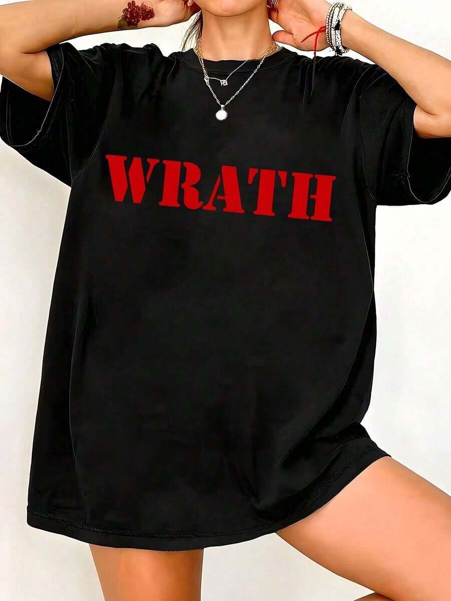 Camiseta Casual de Algodón para Mujer, Manga Corta, Cuello Redondo, con Estampado de Furia, Largo Regular, Tela Ligeramente Elástica, a la Moda - Negro - Ver 1