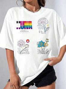 Women's T-Shirt Gift Set, Casual Short Sleeve Party T-Shirt, Oversized White T-Shirt With Floral And Anchor Print With Rainbow Moon Logo, Urban Casual Clothing For Women, Soft Summer Outfit - 白色 - 查看 2