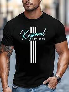 Camiseta deportiva casual de exterior para hombre, camiseta de moda de manga corta con estampado vertical de escritura a mano "Kaporal", diseño moderno de estilo urbano, camiseta cómoda y suave para la piel - Negro - Ver 6