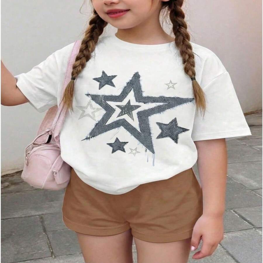 Girls' Star Print Cotton Casual Short Sleeve T-Shirt for a Cute Grunge Look S-XXXL - Blanco - Ver 1
