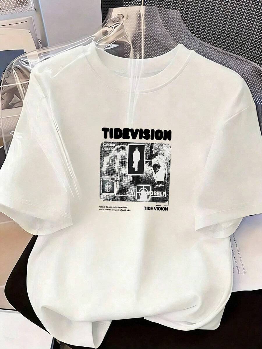 T-Shirt With "TIDEVISION" Text And Retro Screen Graphic, Short-Sleeved T-Shirt For Spring And Summer 2026, Made In Mexico, 180 Grams. Cartoon Print, Couple Design, Suitable For Indoor Or Outdoor Wear. Crew Neck, Unisex, Ideal For Office And Leisure. One-Pack. - WH-P631577SLNDXZGY641 - Xem 1