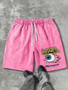 230 Grams Of Washed Pink Shorts, With Cartoon American Eyeball-Wing Pattern Printed On The Side And V-On D-Utch Lettering Design. These Retro-Washed Casual Street Shorts For Men Have An American Motorcycle Culture Vibe And Are Perfect For Summer Wear. They Are Comfortable And Breathable, Suitable For Daily Wear, And Come With Adjustable Waist Ties, Elastic Waistbands And Pockets. - 粉色 - 查看 1