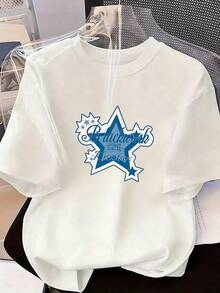 Blue Star T-Shirt With Printed Text, Fashionable Short-Sleeved T-Shirt For Spring And Summer 2026, Made In Mexico, 180 Grams. Cartoon Print, Couple Design, Suitable For Indoor Or Outdoor Wear. Crew Neck, Unisex, Ideal For Office And Leisure. One-Pack. - WH-P631577SLNDXZGY643 - 查看 2