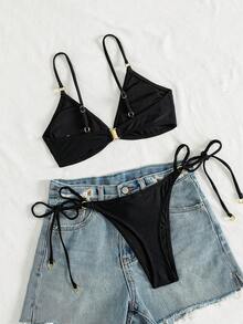 2er/Set 2026 Neue elegante sexy rückenfreie einfarbige Bikini-Badeanzüge mit Ring-Dekor, Strandurlaub Outfit Sommerferien - Schwarz - Übersicht 4