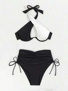Conjunto de bikini 2025 para mujer con diseño de cruz calado, halter, sexy y con soporte de aros para el verano - Blanco y Negro - Ver 7