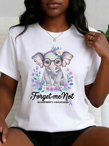 Women's Printed T-Shirt With Elephant, Flowers, And Glasses Design, And "Forget Me Not" Motif For Alzheimer's Awareness, Short Sleeve, Round Neck, Casual Style For Spring/Summer, Gift For Loved Ones Supporting Memory Care, Cotton Fabric, Casual T-Shirt, Machine Washable, Women's Clothing, Women's T-Shirts - 白色 - 查看 6