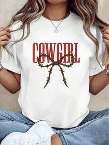 Vintage Western Fashion T-Shirt, Simple Round Neck, Comfortable For Daily Wear In Autumn, Loose Fit Top For Women, Ideal For Casual Occasions In The Countryside, Breathable, Micro-Elastic, 100% Machine Washable Fabric, Halloween Clothing, Women's Shirt For Autumn. - 白色 - 查看 1