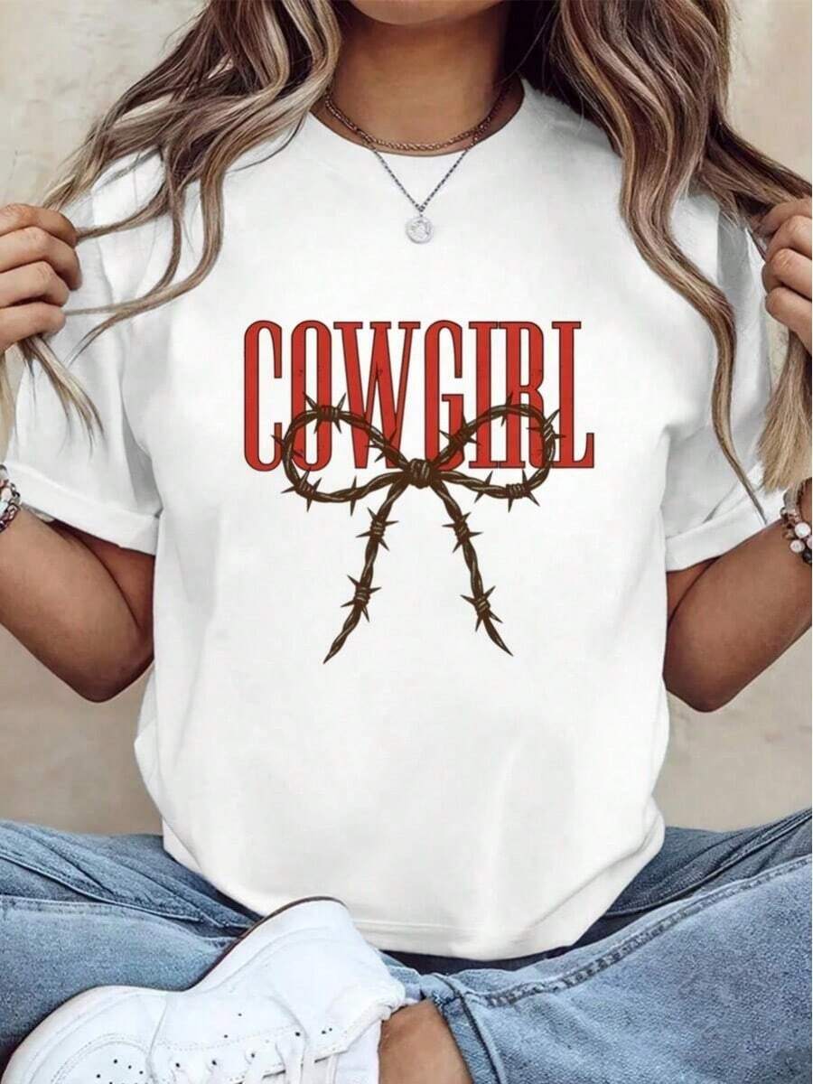 Vintage Western Fashion T-Shirt, Simple Round Neck, Comfortable For Daily Wear In Autumn, Loose Fit Top For Women, Ideal For Casual Occasions In The Countryside, Breathable, Micro-Elastic, 100% Machine Washable Fabric, Halloween Clothing, Women's Shirt For Autumn. - 白色 - 查看 1