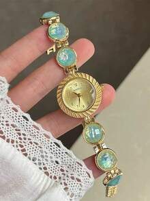 Bộ 1 chiếc đồng hồ thạch anh đính đá pha lê dành cho thanh thiếu niên, mạ vàng, không kèm hộp, quà tặng dịp tựu trường/nghỉ lễ. - Vàng - Xem 2