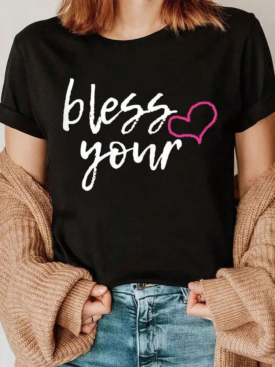 Camiseta Deportiva Casual para Mujer con Texto Cursivo - Camiseta Negra Elástica de Cuello Redondo, Lavable aáquina, Ajuste Cómodo para Todas las Estaciones, para Mujeres de Piel Clara, Estilo Versátil y Chic. - Negro - Ver 1
