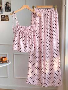 xhexheComfortcana Conjunto de 2 piezas de camiseta de tirantes y pantalones con estampado de lunares, estilo casual de primavera para mujer.Conjunto de 2 piezas de lunares lindo para verano.Conjunto de 2 piezas de lunares para Halloween.xhexhe - Rosa - Ver 6