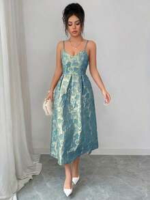 Elegant Women's Dress With Spaghetti Straps And Jacquard Print, Suitable For Wedding Guests, Galas And Parties; Elegant Women's Party Dress With V-Neck And Pleats - 白色 - 查看 10