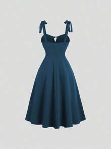Vestido elegante sin mangas de mujer de unicolor con pliegues y atar delantero con calado - Agua verde azul - Ver 2