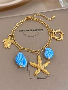 Charm Blue Shell & Starfish Pendant Necklace, Stainless Steel Gold Chain, Suitable For Party, Travel, Holiday, Mother's Day, Valentine's Day, Christmas Gift - Multicolor - View 10