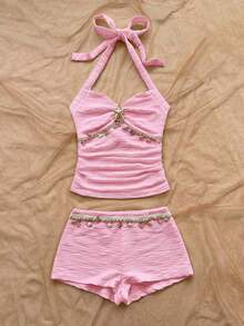 Conjunto de 2 piezas de top halter sin espalda y shorts, conjunto de ropa para vacaciones - Rosa - Ver 5