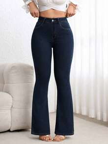 Jeans de pierna acampanada de corte slim casual para ir al trabajo - Niebla azul - Ver 4
