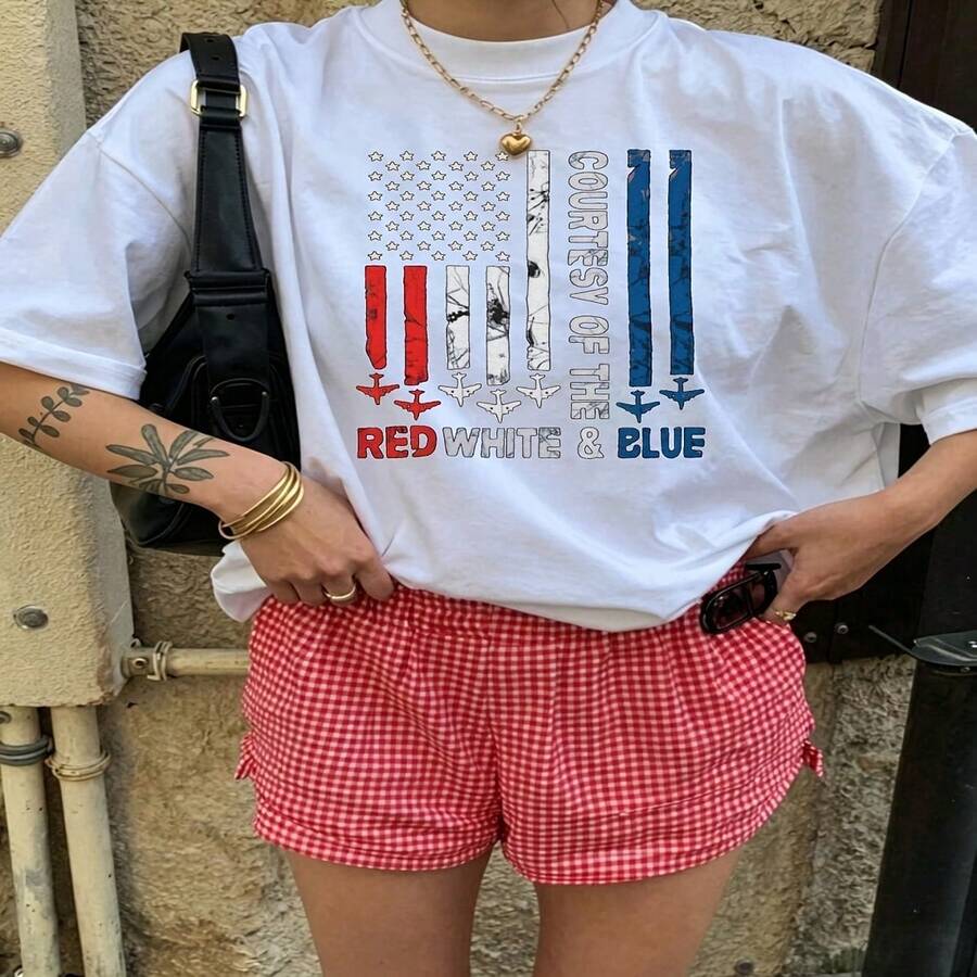 Heartfelt Daily Casual Graphic T-Shirt 100% Cotton Oversized Soft Breathable Casual Crewneck Short Sleeve Top Vintage Red White Blue Design Aesthetic Daily Wear For Casual Wearers Fashion Lovers Daily Outfit Enthusiasts Gift Givers - 白色 - 查看 1
