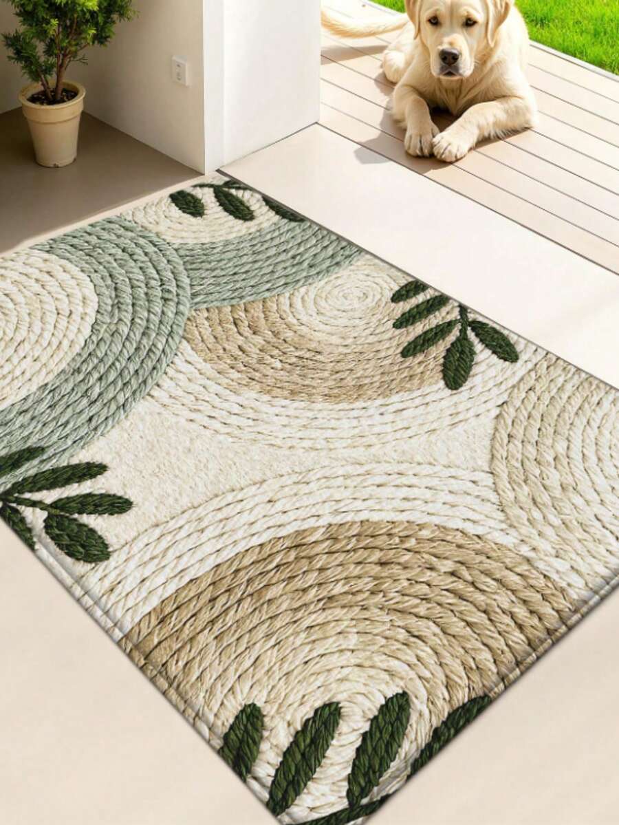 1pc Green Plant Woven Pattern Doormat, Small Rug, Welcome Mat, Carpet, Fan-Shaped Rug, Outdoor Doormat, Kitchen Rug, Home Decor, Front Door Mat, Area Small Rug, Outdoor Mat, Home Decor, Area Rug, Garden Rug, Washable Carpet - Multicolor E - View 1