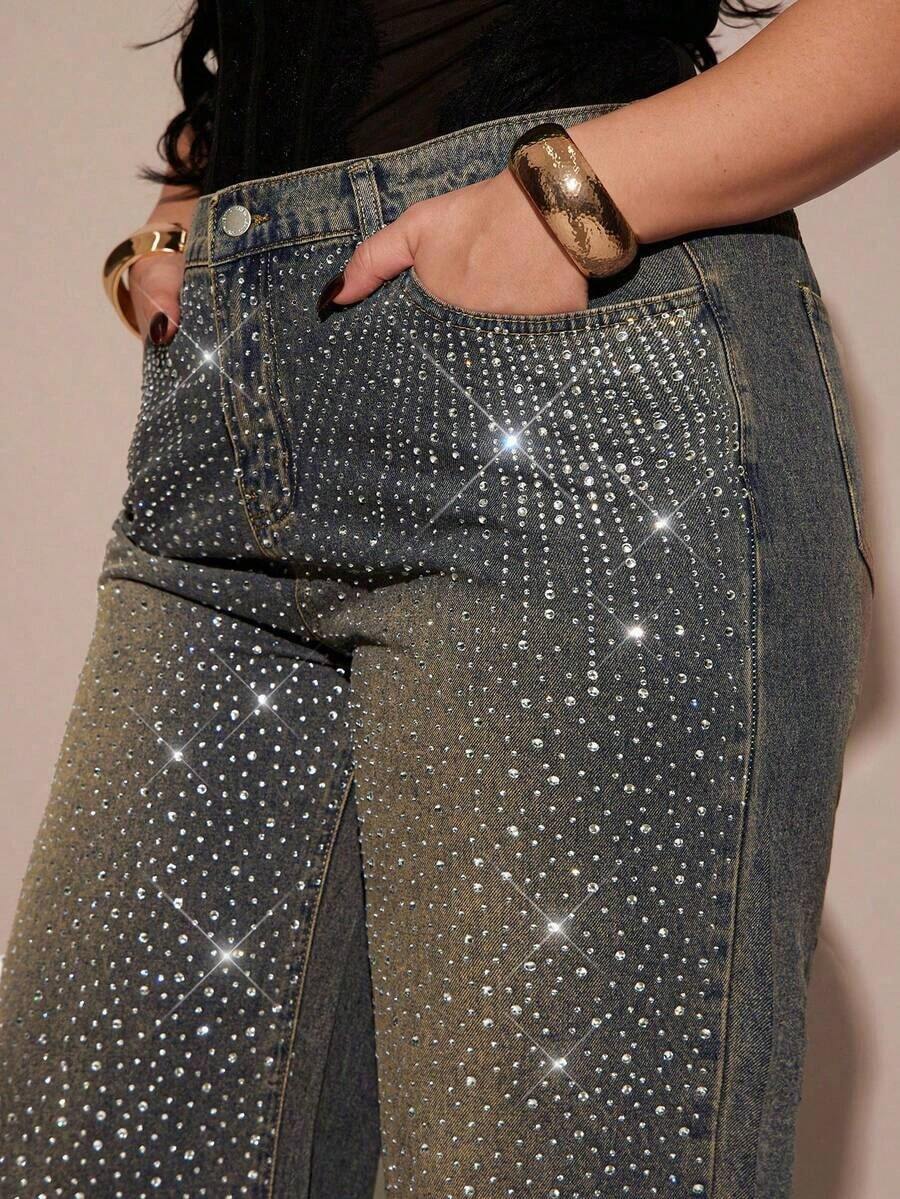 Jeans casuales holgados de talle alto con bolsillos y adornos de strass para mujer de talla grande - Azul - Ver 1