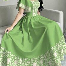 Vestido midi de manga corta con cuello cuadrado y estampado floral, vestido de longitud media con cintura ceñida, vestido largo con estampado floral en negro - Multicolor - Ver 6