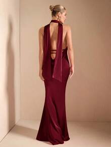 Vestido con escote en V profundo, tirantes de espagueti, cintura con amarre y espalda descubierta, elegante y sexy, adecuado para cócteles, citas románticas, como capa base en otoño/invierno, fiestas, bodas, Halloween, Navidad - Burdeos - Ver 10