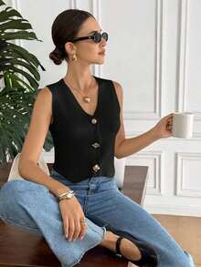 Blusa de punto de un solo pecho de unicolor y versátil para uso diario de las mujeres - Negro - Ver 4