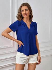 Blusa casual de mujer de unicolor con cuello en V y manga corta - azul real - Ver 4