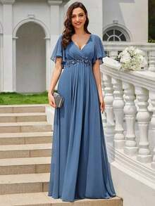 Elegante vestido de dama de honor de gasa con cuello en V, mangas con volantes bordados y plisados, vestido de noche formal para invitados de boda - Niebla azul - Ver 1