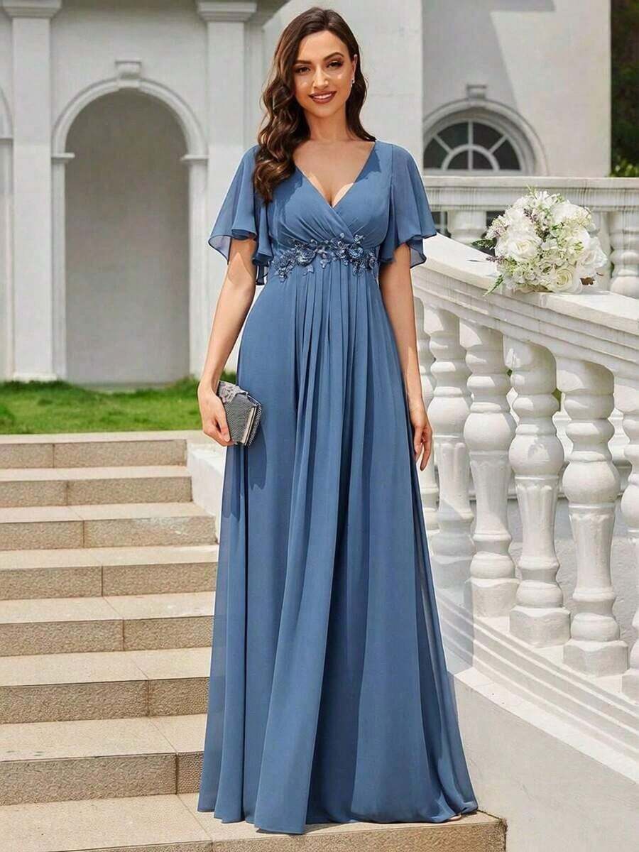 Elegante vestido de dama de honor de gasa con cuello en V, mangas con volantes bordados y plisados, vestido de noche formal para invitados de boda - Niebla azul - Ver 1