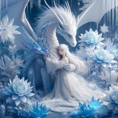 1件装 - DIY 5D钻石画套装，“冰雪拥抱”| 白龙与仙女奇幻装饰画，适合成人和初学者，钻石画工具套装，全圆钻艺术刺绣，十字绣画，墙面装饰，钻石艺术工艺品，家居装饰，节日专属礼物