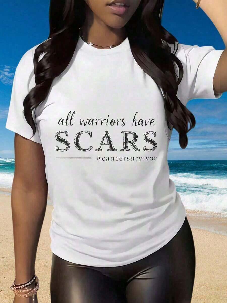Perfect For Everyday Wear. Women's Short-Sleeved Crew Neck T-Shirt With A Fun Print. This Women's T-Shirt Features The Inspirational Message "All Warriors Have Scars, Cancer Survivors." It Makes A Great Gift To Raise Awareness And Show Support. Suitable For Christmas Parties, Sports Activities, Holiday Parties, Outings, And Other Festive Occasions (220g). Comfortable And Stylish For Any Occasion, It's Perfect For Casual Outings, Travel, The Beach, School, Working From Home, And Weekend Activities. - 白色的 - 查看 1