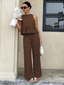 Conjunto de 2 piezas elegante y casual con lunares para mujer, top sin mangas con espalda abierta y volantes en la peplum, pantalones de pierna ancha, conjunto de ropa de playa, fiesta y vacaciones, lunares marrones y blancos, conjuntos de verano para mujer, ropa de verano, conjuntos casuales para mujer, ropa de verano, conjuntos Y2K - Marrón - Ver 3