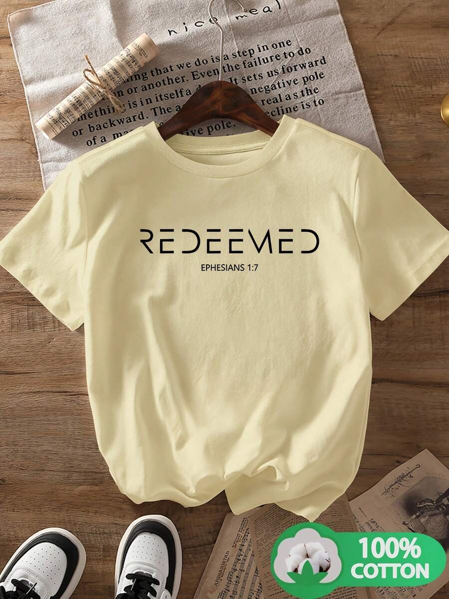 Women's Classic Christian Short-Sleeved T-Shirt With "Bible" "REDEEMED" "EPHESIANS 43" Letter Print. 18cm. New, Round Neck, Fashionable, Breathable, Casual, Versatile, All-Purpose, Can Be Casually Combined For Various Leisure And Entertainment Places And Scenes. - 杏 - 查看 1