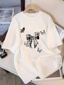 Women's Custom Pure Cotton White Short-Sleeved T-Shirt, Minimalist Casual Style, New Popular Bow Print T-Shirt, Loose Top - Unisex Loose-Fitting Cotton Short-Sleeved T-Shirt With Urban Vintage Style Round Neck. - 白色 - 查看 5