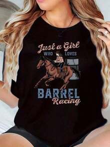 100% Cotton Women's Crew Neck T-Shirt With Equestrian Print "Just A Girl Who Loves Barrel Racing" For Casual Wear. Soft, Simple Solid Color T-Shirt, Loose And Slim Fit, Casual Short Sleeve - 黑色 - 查看 11