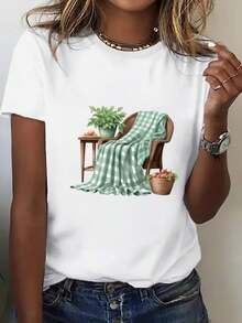 Plus Size, Oversized T-Shirt For Women - Casual Loose Fit T-Shirt For Everyday Wear, Breathable Summer Top For Women, Basic European And American Style T-Shirt For Everyday Wear, Ladies' T-Shirts, Relaxed Outfit, Geometric Print, Lightweight Material, Short Sleeve T-Shirt, For Adults, Suitable For Spring, Summer And Autumn - 白色 - 查看 2