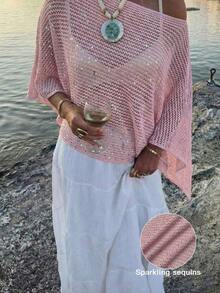 Elegante top de mujer de primavera/verano, de punto rosa, con cuello redondo, sólido, semitransparente, con capucha y detalles de lentejuelas calados, para uso casual, vacaciones y playa - Rosa - Ver 11