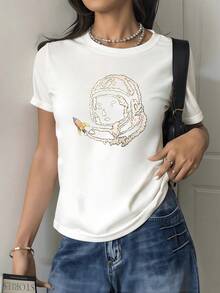 Astronaut Figure Surrounded By Smoke In The Form Of A Portrait Symbolizing Space Exploration And Infinite Creativity. Modern Women's T-Shirt For Stylish And Comfortable Casual Wear - White - View 8