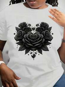 Women's Clothing Printed T-Shirt With Heart-Shaped Rose Design, Short Sleeves, Round Neck, Casual Top For Spring And Summer, Women's Clothing – Short Sleeve T-Shirt With Front Print, Round Neck, Plus Size For Women, Casual Everyday Outfit, Women's Shirts - 白色 - 查看 6