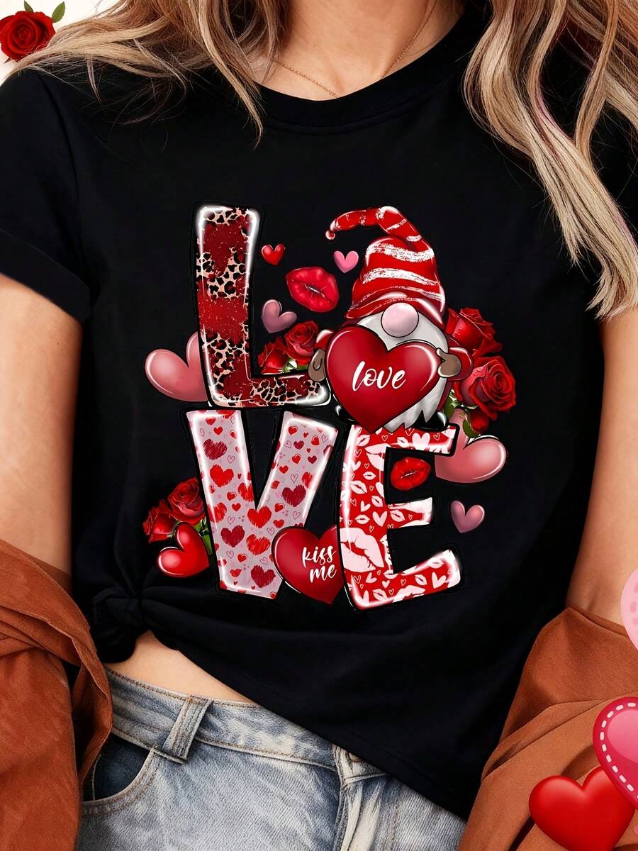 Cute Dwarf Heart-Shaped Roses Print T-Shirt, Short Sleeve Crew Neck Casual Top For Summer & Spring, Women's Clothing Birthday Presents Holiday Presents - 黑色 1 - 查看 1