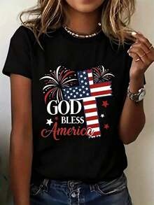 Camiseta de Mujer con Estampado de Bandera Patriótica Americana y Cruz - Impresa con "God Bless America" y Patrón de Fuegos Artificiales, Corte Casual y Cómodo, Lavable a Máquina, Adecuada para Celebraciones del Día de la Independencia y del Día Nacional, Base Blanca con Colores Rojo y Azul. Camiseta unisex de manga corta estampada para el verano 2026, 100% algodón, ropa de vacaciones, camiseta gráfica, estilo vintage, tela ligera, material transpirable, camisa de manga corta. - Negro - Ver 6