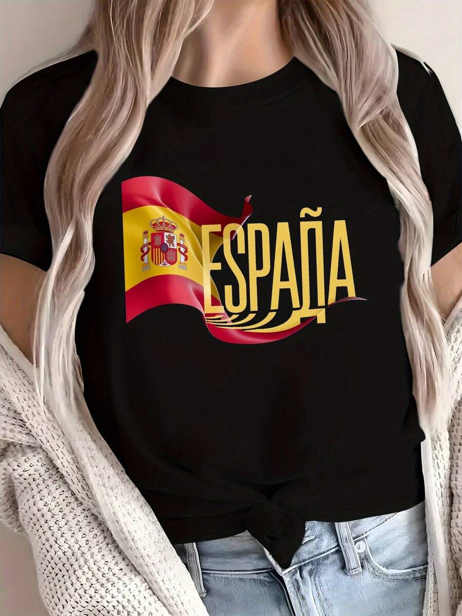 Camiseta de Algodón Puro para ujer con Estampado de la Bandera Española, CómodaTraje de fiesta elegante,T-shirt para damas elegantes,Blusas adecuadas para mujeres con curvas,Faldas de graduación,Ropa casual Estampado de animales adorables,Estampado de letras divertidas - Negro - Ver 1