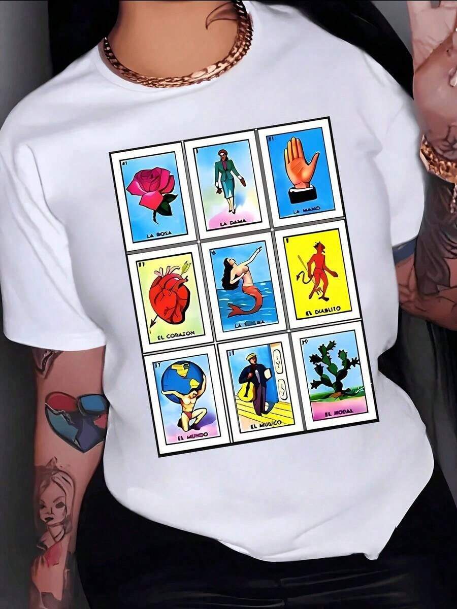 Gift. Print Inspired By Mexican Lottery Cards With Symbols Like The Rose, The Heart, And The Little Devil Representing Love, Strength, And Luck. Women's T-Shirt, 100% Cotton. Soft. - 白色的 - 查看 1