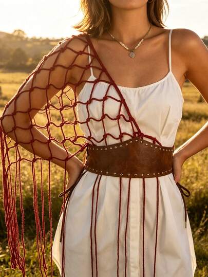 2pcs PU Leather Studded Belt Netted Fringe Waistband Handwoven Bikini Cover Up Skirt Festival Street Sle Me Top Soulful Accessory For Suits Jeans Waistline