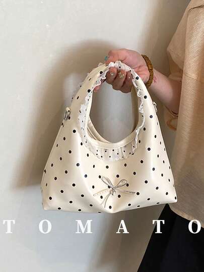 1pc Fashionable & Cute Women's Handbag, PU Polka Dot Fabric, Crescent Shaped Crossbody Bag, Scarf + Bow Decor, Suitable For Young Women - Outings, Shopping, Classroom, Dates, Women's Gifts, Office, Work, Business
