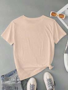 Women's Casual Short-Sleeve T-Shirt In Washed Cotton With A Round Neck And Short Sleeves Featuring A Letter Print. 100% Cotton - 杏 - 查看 3