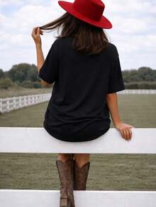 Nueva Llegada 2026: Camiseta Gráfica Western |   Camiseta Casual Holgada para Mujer con Estampado Vintage "Somebody's Problem Cowgirl", Talla Grande, Tela Suave y Transpirable, 100% Algodón, para Uso Diario, Camiseta con Estampado Gráfico - Negro - Ver 3