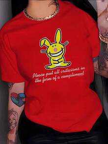 Women's 100% Cotton T-Shirt. Smiling Yellow Rabbit With Long Ears Conveying A Positive And Encouraging Message To Face Criticism With Humor. Women's T-Shirt. 100% Cotton. - Rojo - View 9