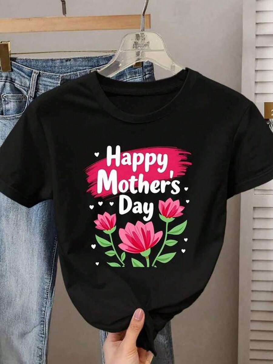 Women's Short Sleeve T-Shirt With Round Neck And Print Happy Mother's Day Flowers Hearts S-3XL Fashionable, Comfortable And Breathable, Machine Washable - 黑色 - 查看 1